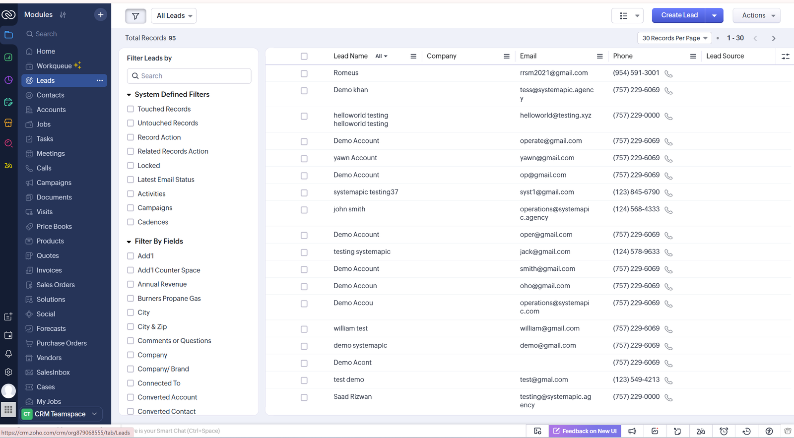 Zoho CRM customer data list